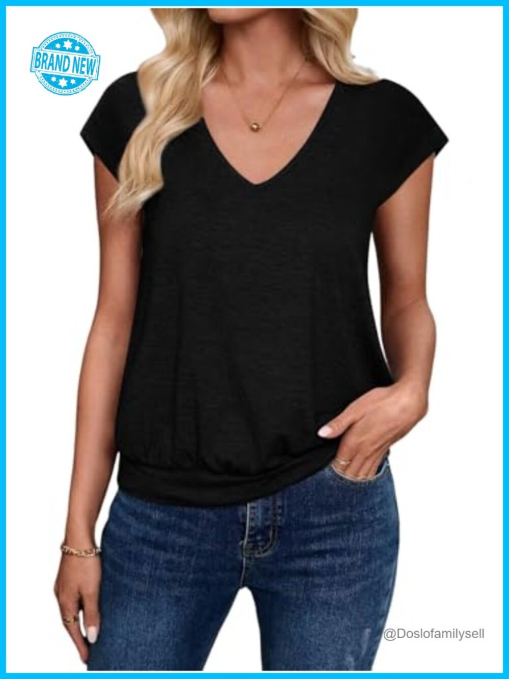 Womens Summer Top V-Neck Cap Sleeve Banded Bottom Business Casual T-Shirt